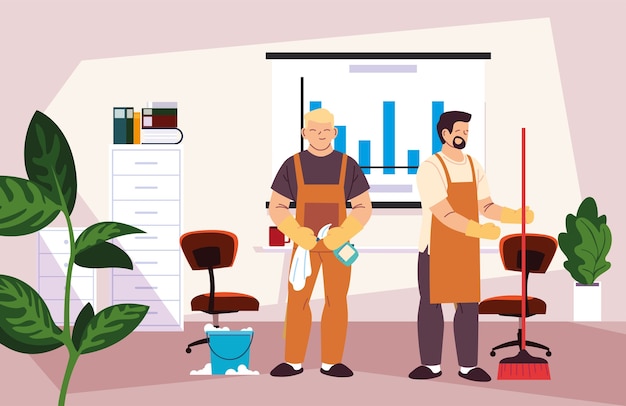 Hombres en diseño de ilustración de servicio de limpieza de oficinas
