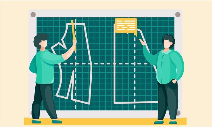 Vector los hombres explican los principios de la construcción de patrones en la pizarra.