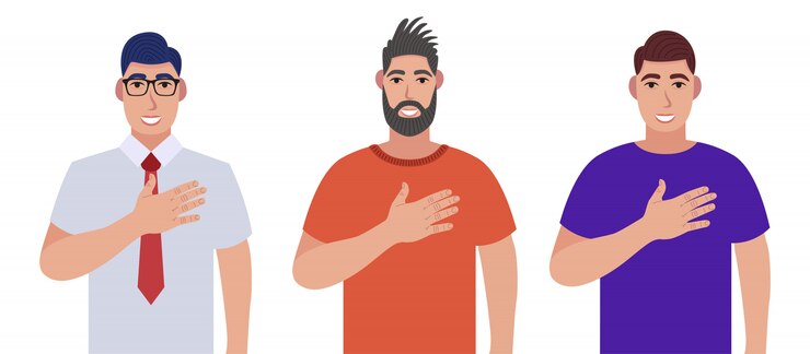 Vector los hombres expresan sus sentimientos positivos a las personas, mantengan las manos sobre el pecho o el corazón. conjunto de caracteres