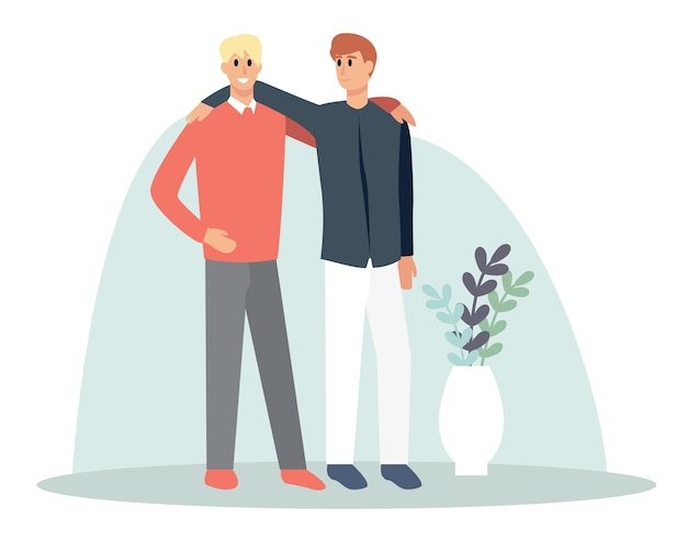 Hombres felices de dibujos animados que se sienten felices cuando se encuentran con amigos que pasan tiempo juntos Comunicación y comportamiento humanos Relaciones vinculantes entre personas Vector