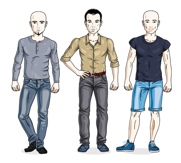 Hombres felices de pie con ropa informal con estilo. Conjunto vectorial de ilustraciones de personas hermosas.