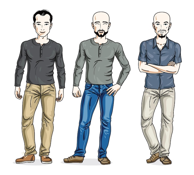 Hombres felices de pie con ropa informal con estilo. Conjunto vectorial de ilustraciones de personas hermosas.