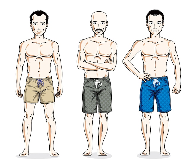 Vector hombres felices posando con cuerpo atlético, usando shorts de playa. conjunto de ilustraciones vectoriales de personas diversas. personajes masculinos temáticos de estilo de vida.