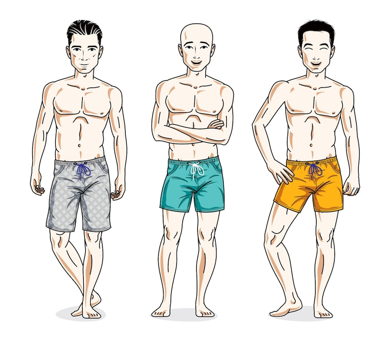 Vector hombres felices posando con un cuerpo perfecto, usando shorts de playa. conjunto de ilustraciones vectoriales de personas diversas.