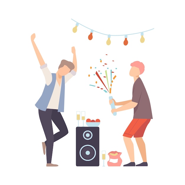 Hombres en la fiesta bailando y explotando petardos personaje de dibujos animados de ilustración vectorial