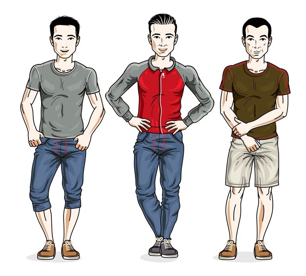 Vector hombres guapos confiados de pie en ropa deportiva elegante, deportista y gente de fitness. conjunto de ilustraciones vectoriales de personas diversas.