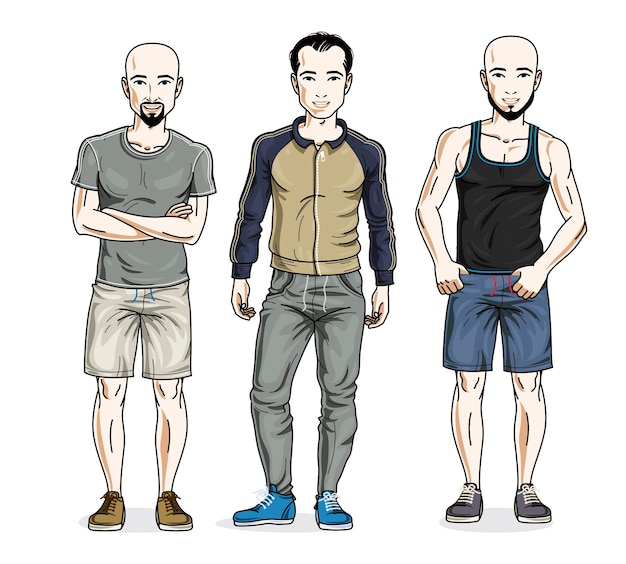 Hombres guapos confiados posando en ropa deportiva con estilo. conjunto vectorial de ilustraciones de personas hermosas.