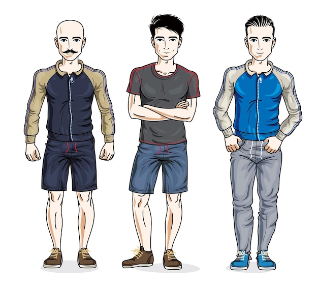 Vector hombres guapos confiados posando en ropa deportiva con estilo. conjunto vectorial de ilustraciones de personas hermosas.