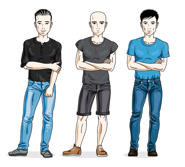 Hombres guapos confiados posando con ropa informal de moda. Conjunto de ilustraciones de personas vectoriales. Personajes masculinos temáticos de estilo de vida.