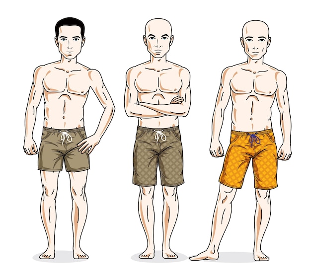 Hombres guapos de pie con un cuerpo perfecto, usando shorts de playa. Conjunto de ilustraciones de personas vectoriales. Personajes masculinos temáticos de estilo de vida.