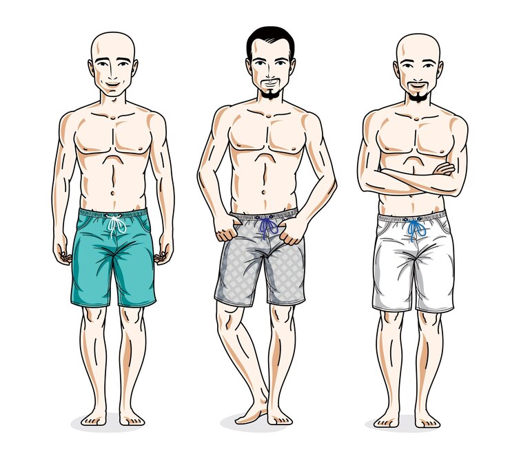 Vector hombres guapos de pie con pantalones cortos de playa. conjunto de ilustraciones de personas vectoriales. personajes masculinos temáticos de estilo de vida.