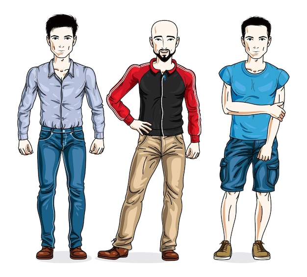 Vector hombres guapos posando con ropa informal. conjunto de ilustraciones vectoriales de personas diversas.