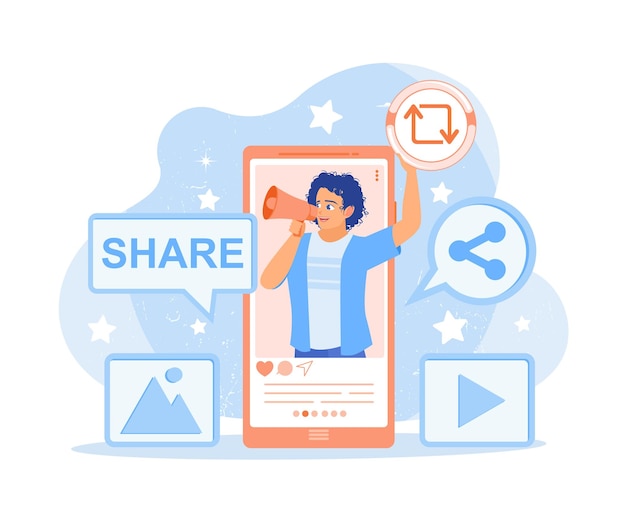 Los hombres hacen publicaciones en las redes sociales Publicidad digital Marketing de redes sociales Concepto de blog Ilustración vectorial plana