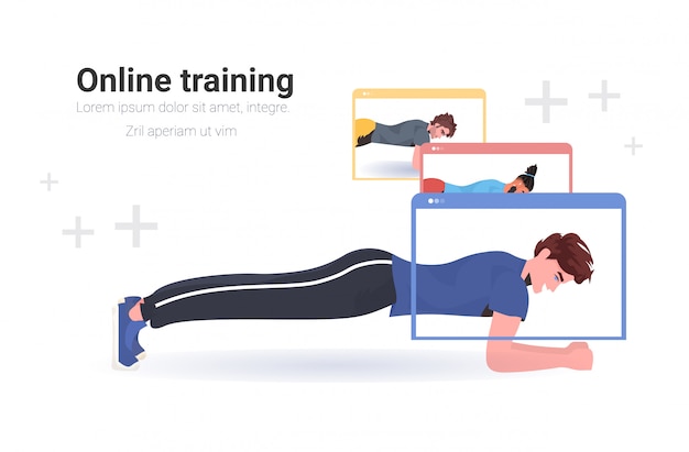 Vector hombres haciendo ejercicios de fitness entrenamiento en línea concepto de entrenamiento de estilo de vida saludable deportistas en ventanas de navegador web copia horizontal ilustración del espacio