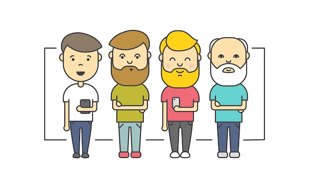 Vector hombres hipster plano aislado de diferentes edades con barba con smartphone. ilustración vectorial diseño plano