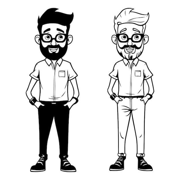 Vector hombres hipsters con barba y gafas dibujos animados ilustración vectorial diseño gráfico en blanco y negro