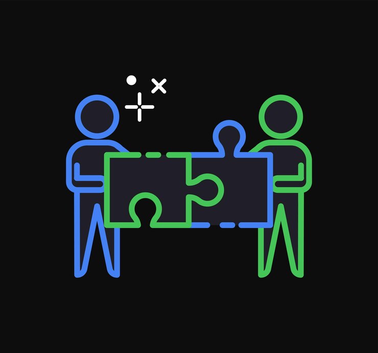 Vector hombres con icono de neón de rompecabezas