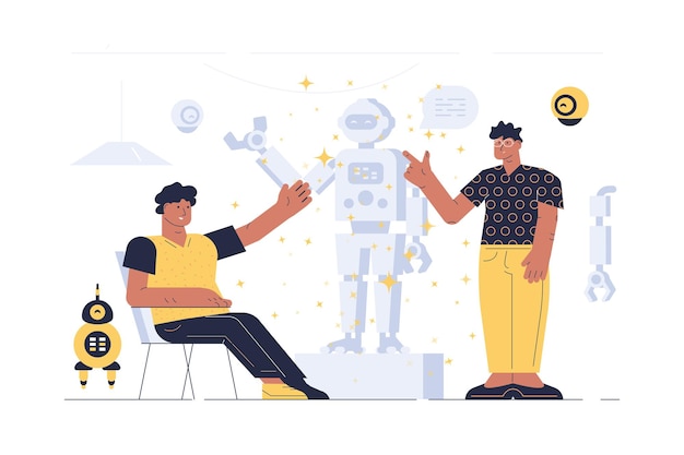 Hombres en la ilustración de vector de presentación de robot Chicos en ropa casual presentando juntos la última novedad en tecnologías robóticas diseño de estilo plano Inteligencia artificial del concepto futuro
