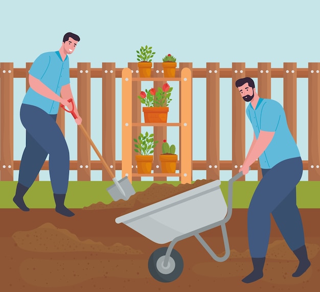 Hombres de jardinería con diseño de carretilla y pala, plantación de jardines y naturaleza