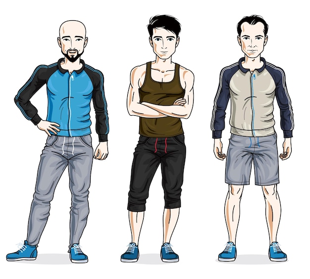 Vector hombres jóvenes guapos de pie con ropa deportiva elegante. conjunto vectorial de ilustraciones de personas hermosas. personajes masculinos temáticos de estilo de vida.