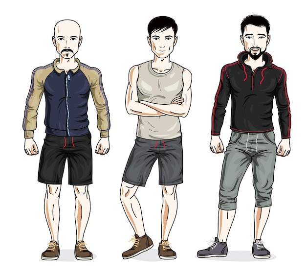 Vector hombres jóvenes guapos posando en ropa deportiva elegante, deportista y gente de fitness. conjunto de ilustraciones de personas vectoriales.