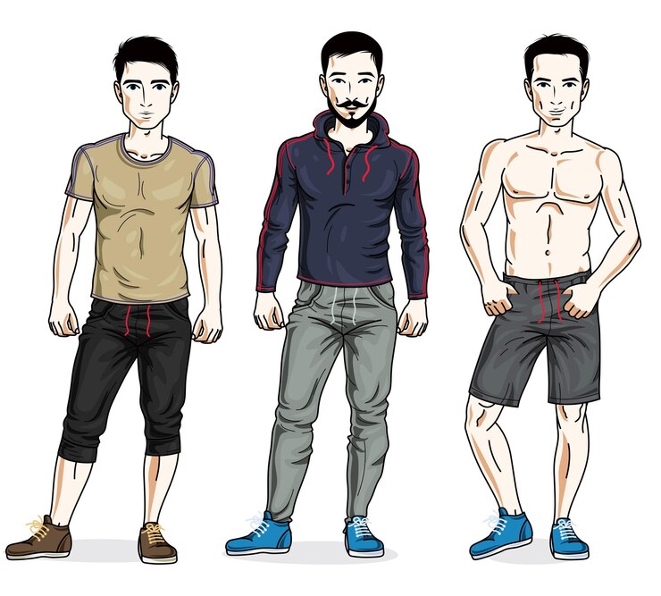 Vector hombres jóvenes guapos posando en ropa deportiva con estilo. conjunto de ilustraciones de personas vectoriales. personajes masculinos temáticos de estilo de vida.