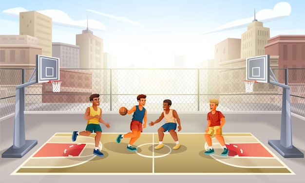 Vector hombres jugando baloncesto en la ilustración de vector de dibujos animados de la corte de la ciudad al aire libre