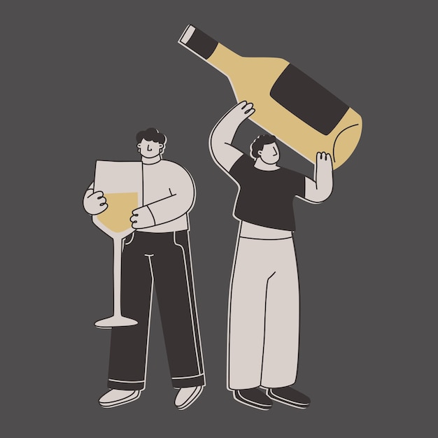 Hombres lindos con una enorme botella de vino blanco y un vaso enorme divertidos personajes exagerados para el diseño sobre el tema del vino o bebidas alcohólicas vector ilustración plana