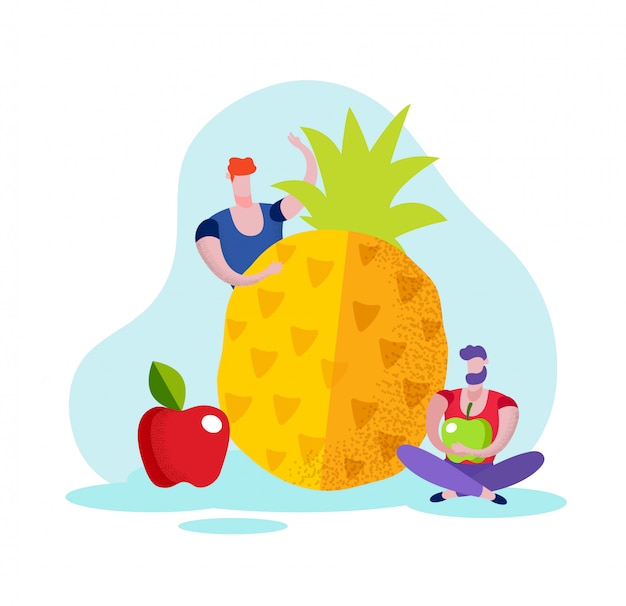 Vector hombres con manzanas y piña sobre fondo blanco.