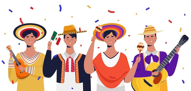 Vector hombres mexicanos celebrando el día de la independencia