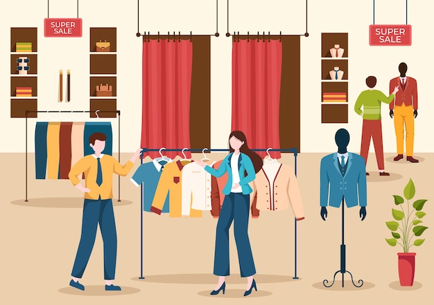 Vector hombres de moda y atuendo de hombre de moda en la tienda de ropa para ir de compras en ilustración plana