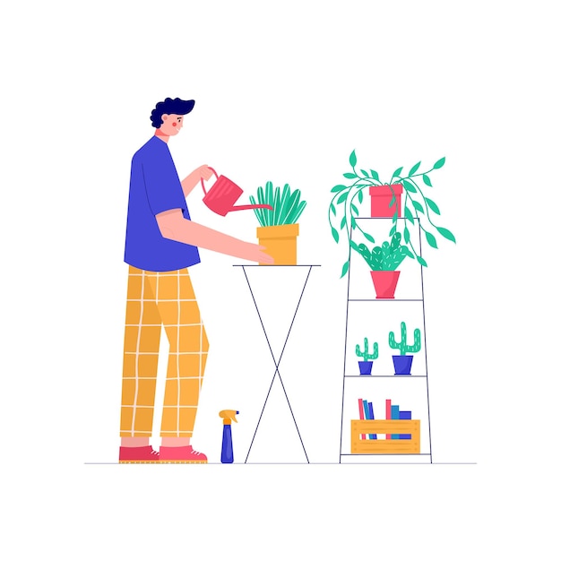 Hombres modernos engranando flores en maceta. gente disfrutando de sus aficiones, trabajo, ocio. ilustración de vector de estilo de dibujos animados plana.