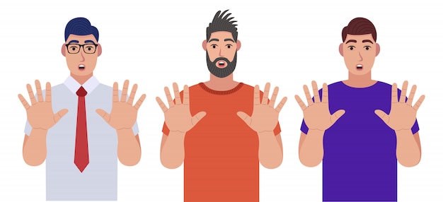 Los hombres muestran un gesto de parada con las manos. Conjunto de caracteres. Ilustración en estilo de dibujos animados.