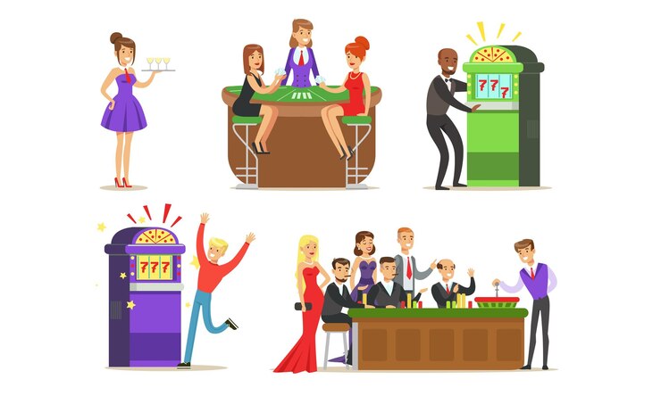 Vector hombres y mujeres alegres jugando a la ruleta y usando la ilustración vectorial de las máquinas tragamonedas