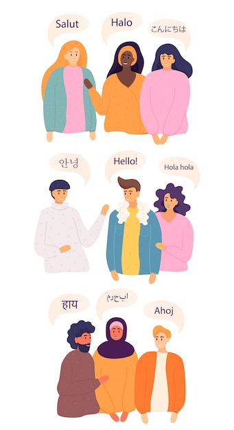 Hombres y mujeres amigables de diferentes países saludando. ilustración de estilo de vector plano