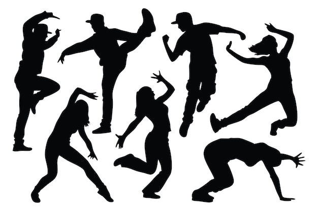Hombres y mujeres bailando en la calle, bailarines de hip hop, siluetas establecidas, ilustración vectorial plana aislada sobre fondo blanco.