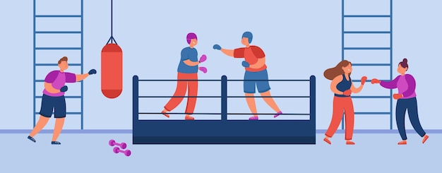 Hombres y mujeres boxeando en el gimnasio ilustración vectorial plana. mujeres y hombres practicando patadas y puñetazos. boxeadores entrenando, peleando en arena o ring de boxeo, haciendo ejercicios. concepto de club deportivo