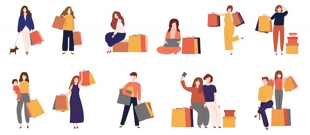 hombres y mujeres de compras con bolsa