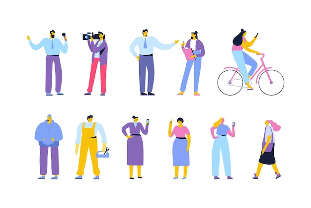 Hombres y mujeres Conjunto de vectores de jóvenes Multitud Diferentes personas Personajes de vectores planos aislados