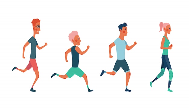 Hombres y mujeres corriendo maratón. Grupo de personas vestidas con ropa deportiva