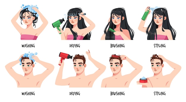 Hombres y mujeres cuidan el cabello Aplicación de máscaras y sueros nutritivos Lavado de volumen champú peinado y secado Prevención de la alopecia Casa spa dibujos animados ilustración plana conjunto vectorial ordenado