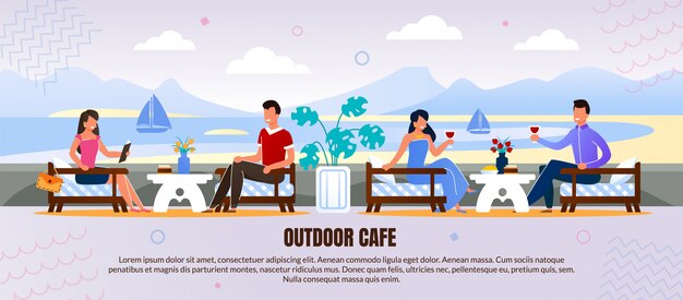 Vector hombres y mujeres descansan en el café al aire libre ad flat banner