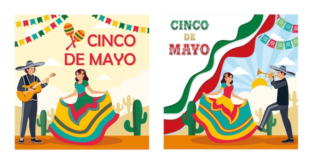 Hombres y mujeres en el desfile del Cinco de Mayo Texto del Cinko de Mayo con sombrero y maracas