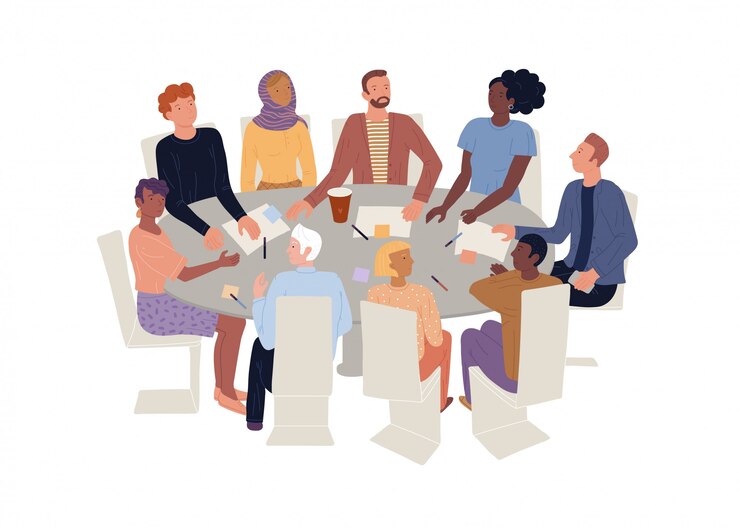 Vector hombres, mujeres de diferentes edades, nacionalidades sentados en el escritorio redondo. terapia grupal, reunión de lluvia de ideas.