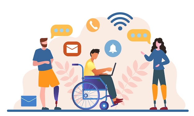 Hombres y mujeres discapacitados trabajan juntos en el concepto de oficina del Día Mundial de la Discapacidad