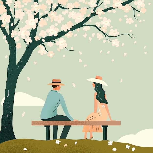 Hombres y mujeres enamorados se sientan bajo los cerezos en flor en primavera mirando el paisaje y charlando