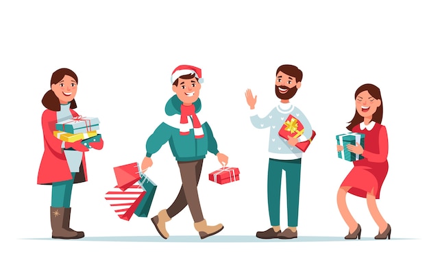 Hombres y mujeres felices haciendo compras navideñas y dan regalos aislados