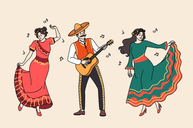 Vector hombres y mujeres felices con ropa tradicional bailan juntos a la guitarra en el carnaval mexicano