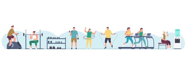 Hombres y mujeres haciendo ejercicios en el gimnasio levantando pesas corriendo en una bicicleta estática