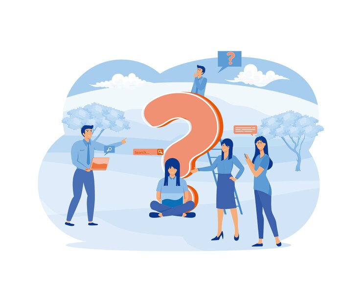 Vector hombres y mujeres haciendo preguntas discutiendo buscando respuestas ideas en línea y fuera de línea usando una guía telefónica portátil junto al signo de pregunta vector plano ilustración moderna